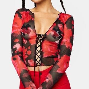 Y2K 90s Red Black Sheer Floral Mesh Corset Tie-Front Grunge Whimsigoth Punk Sz S